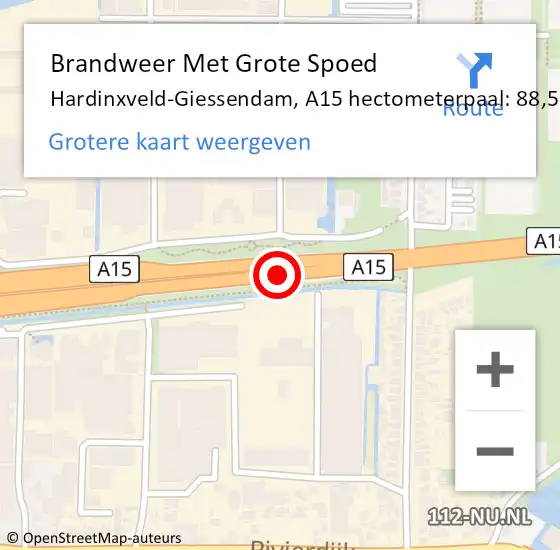 Locatie op kaart van de 112 melding: Brandweer Met Grote Spoed Naar Hardinxveld-Giessendam, A15 hectometerpaal: 88,5 op 19 maart 2024 05:25