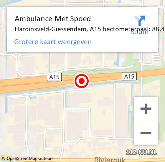 Locatie op kaart van de 112 melding: Ambulance Met Spoed Naar Hardinxveld-Giessendam, A15 hectometerpaal: 88,4 op 19 maart 2024 05:31