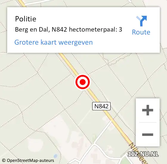 Locatie op kaart van de 112 melding: Politie Berg en Dal, N842 hectometerpaal: 3 op 19 maart 2024 08:08