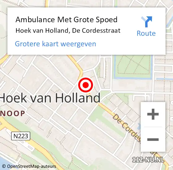 Locatie op kaart van de 112 melding: Ambulance Met Grote Spoed Naar Hoek van Holland, De Cordesstraat op 19 maart 2024 09:11