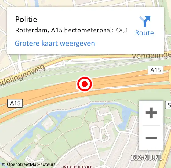 Locatie op kaart van de 112 melding: Politie Rotterdam, A15 hectometerpaal: 48,1 op 19 maart 2024 12:05