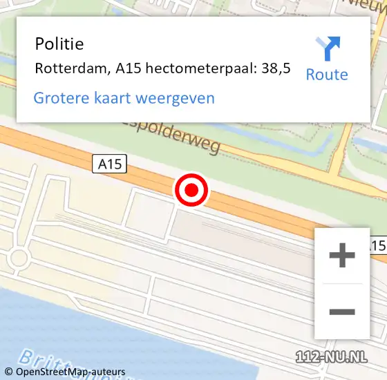 Locatie op kaart van de 112 melding: Politie Rotterdam, A15 hectometerpaal: 38,5 op 19 maart 2024 12:25