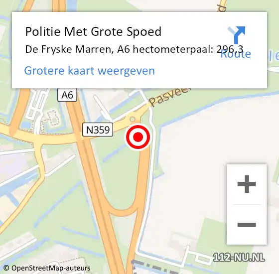 Locatie op kaart van de 112 melding: Politie Met Grote Spoed Naar De Fryske Marren, A6 hectometerpaal: 296,3 op 19 maart 2024 12:41