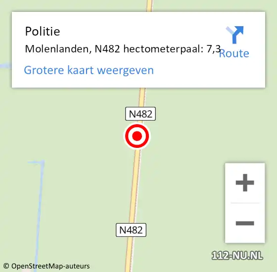 Locatie op kaart van de 112 melding: Politie Molenlanden, N482 hectometerpaal: 7,3 op 19 maart 2024 16:12