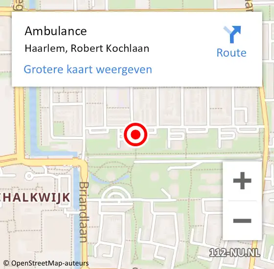 Locatie op kaart van de 112 melding: Ambulance Haarlem, Robert Kochlaan op 19 maart 2024 16:40