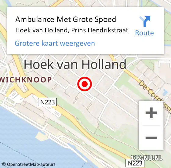 Locatie op kaart van de 112 melding: Ambulance Met Grote Spoed Naar Hoek van Holland, Prins Hendrikstraat op 19 maart 2024 19:14