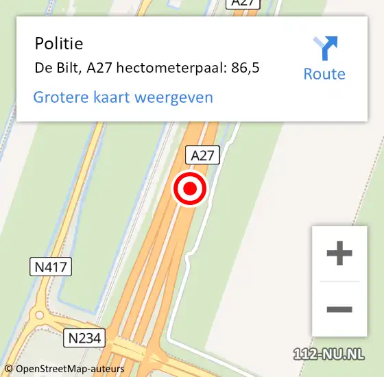 Locatie op kaart van de 112 melding: Politie De Bilt, A27 hectometerpaal: 86,5 op 20 maart 2024 15:05
