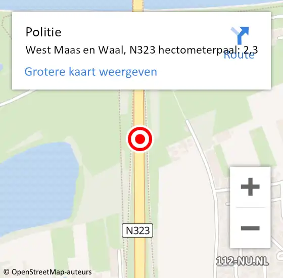 Locatie op kaart van de 112 melding: Politie West Maas en Waal, N323 hectometerpaal: 2,3 op 20 maart 2024 17:28