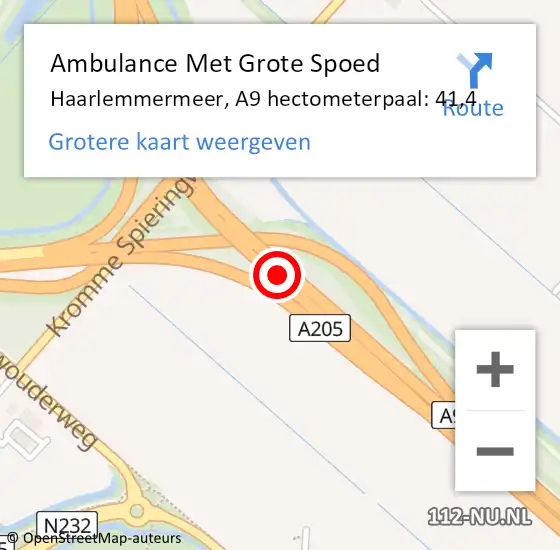 Locatie op kaart van de 112 melding: Ambulance Met Grote Spoed Naar Haarlemmermeer, A9 hectometerpaal: 41,4 op 20 maart 2024 18:22