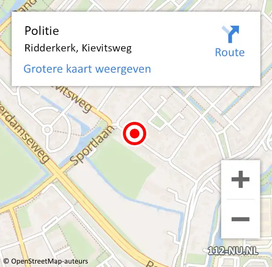 Locatie op kaart van de 112 melding: Politie Ridderkerk, Kievitsweg op 21 maart 2024 12:07