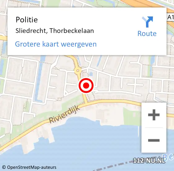 Locatie op kaart van de 112 melding: Politie Sliedrecht, Thorbeckelaan op 21 maart 2024 17:01