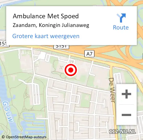 Locatie op kaart van de 112 melding: Ambulance Met Spoed Naar Zaandam, Koningin Julianaweg op 22 maart 2024 07:43