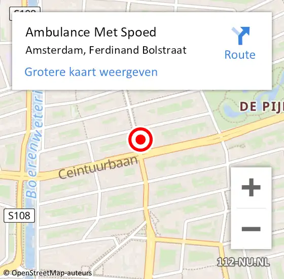 Locatie op kaart van de 112 melding: Ambulance Met Spoed Naar Amsterdam, Ferdinand Bolstraat op 22 maart 2024 09:01