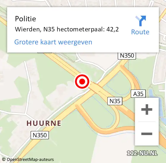 Locatie op kaart van de 112 melding: Politie Wierden, N35 hectometerpaal: 42,2 op 22 maart 2024 14:44
