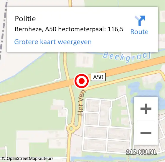 Locatie op kaart van de 112 melding: Politie Bernheze, A50 hectometerpaal: 116,5 op 22 maart 2024 16:11