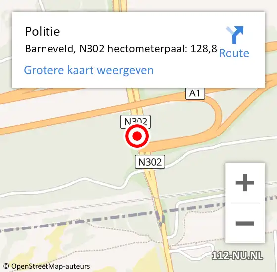 Locatie op kaart van de 112 melding: Politie Barneveld, N302 hectometerpaal: 128,8 op 23 maart 2024 08:51