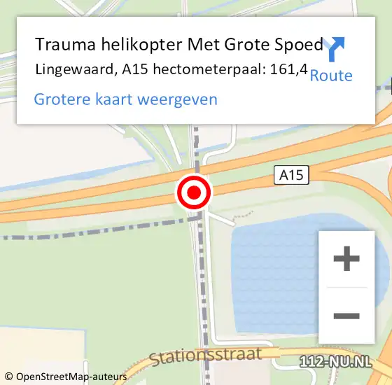 Locatie op kaart van de 112 melding: Trauma helikopter Met Grote Spoed Naar Lingewaard, A15 hectometerpaal: 161,4 op 23 maart 2024 11:29
