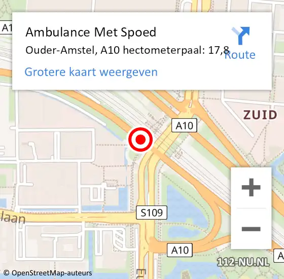 Locatie op kaart van de 112 melding: Ambulance Met Spoed Naar Ouder-Amstel, A10 hectometerpaal: 17,8 op 23 maart 2024 20:49