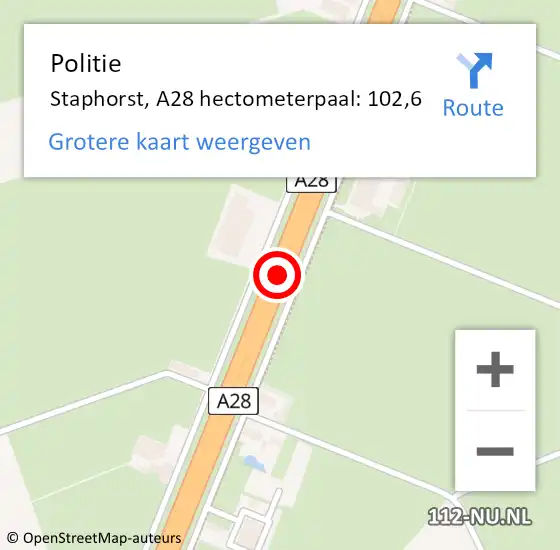 Locatie op kaart van de 112 melding: Politie Staphorst, A28 hectometerpaal: 102,6 op 24 maart 2024 02:26