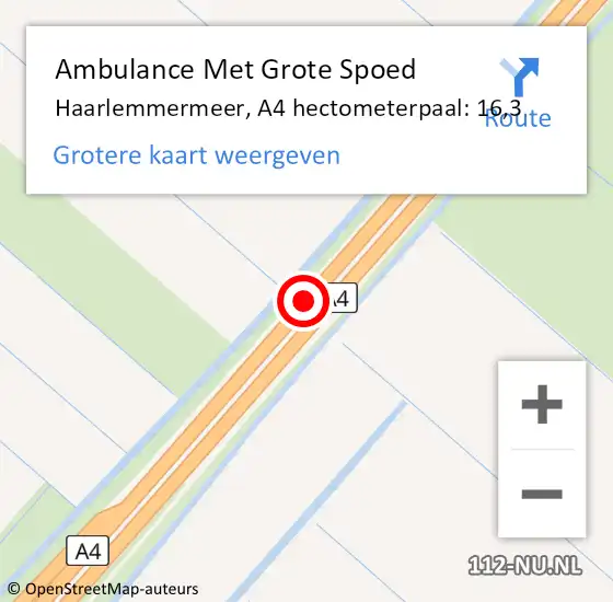 Locatie op kaart van de 112 melding: Ambulance Met Grote Spoed Naar Haarlemmermeer, A4 hectometerpaal: 16,3 op 24 maart 2024 06:09