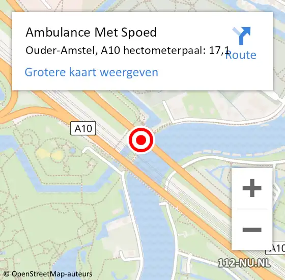 Locatie op kaart van de 112 melding: Ambulance Met Spoed Naar Ouder-Amstel, A10 hectometerpaal: 17,1 op 24 maart 2024 07:02