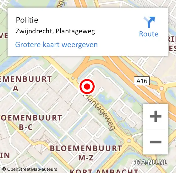 Locatie op kaart van de 112 melding: Politie Zwijndrecht, Plantageweg op 25 maart 2024 06:35