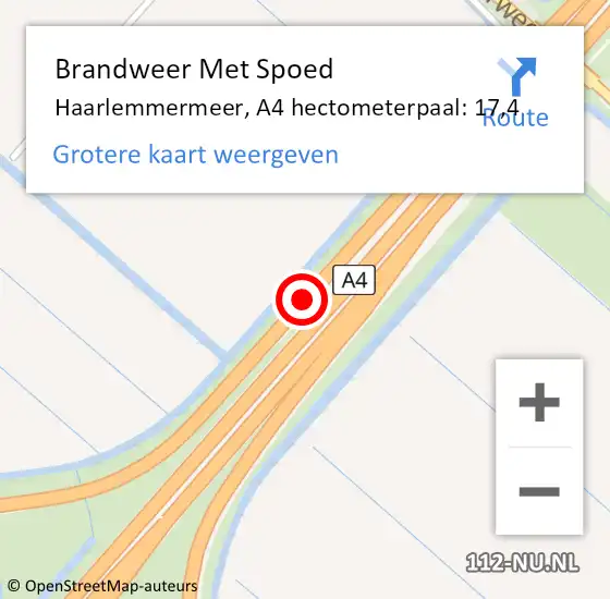 Locatie op kaart van de 112 melding: Brandweer Met Spoed Naar Haarlemmermeer, A4 hectometerpaal: 17,4 op 25 maart 2024 07:17