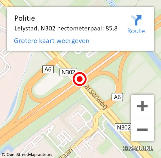 Locatie op kaart van de 112 melding: Politie Lelystad, N302 hectometerpaal: 85,8 op 25 maart 2024 08:11
