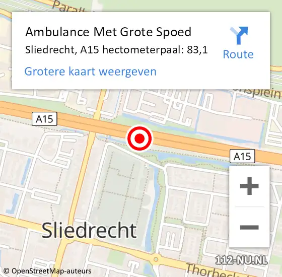 Locatie op kaart van de 112 melding: Ambulance Met Grote Spoed Naar Sliedrecht, A15 hectometerpaal: 83,1 op 25 maart 2024 08:19