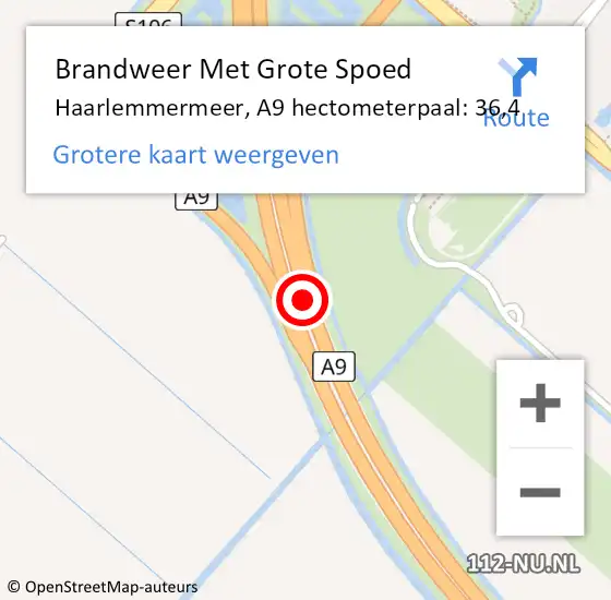 Locatie op kaart van de 112 melding: Brandweer Met Grote Spoed Naar Haarlemmermeer, A9 hectometerpaal: 36,4 op 25 maart 2024 09:12