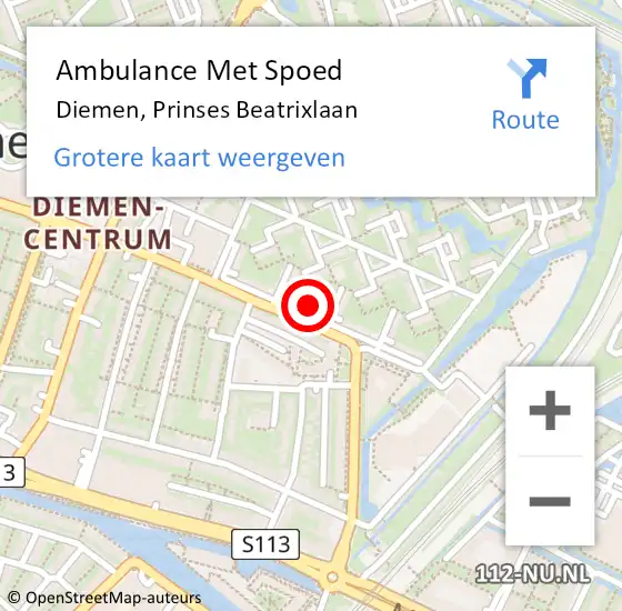 Locatie op kaart van de 112 melding: Ambulance Met Spoed Naar Diemen, Prinses Beatrixlaan op 25 maart 2024 09:36