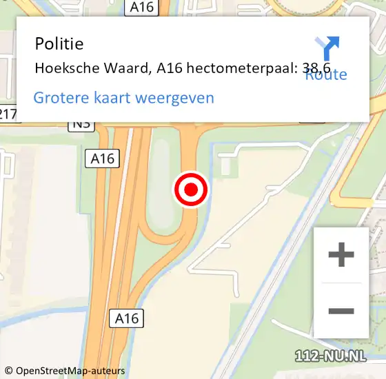 Locatie op kaart van de 112 melding: Politie Hoeksche Waard, A16 hectometerpaal: 38,6 op 25 maart 2024 10:37