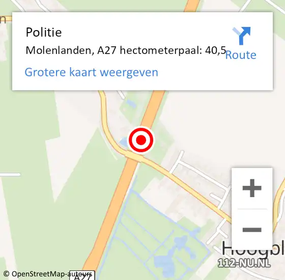 Locatie op kaart van de 112 melding: Politie Molenlanden, A27 hectometerpaal: 40,5 op 25 maart 2024 12:22