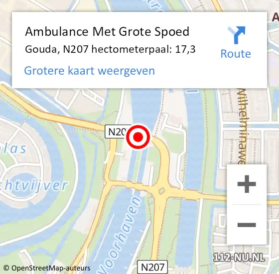 Locatie op kaart van de 112 melding: Ambulance Met Grote Spoed Naar Gouda, N207 hectometerpaal: 17,3 op 25 maart 2024 15:47