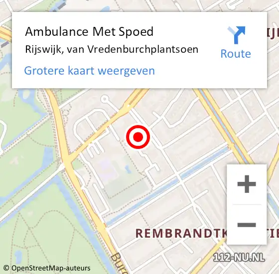 Locatie op kaart van de 112 melding: Ambulance Met Spoed Naar Rijswijk, van Vredenburchplantsoen op 25 maart 2024 22:17