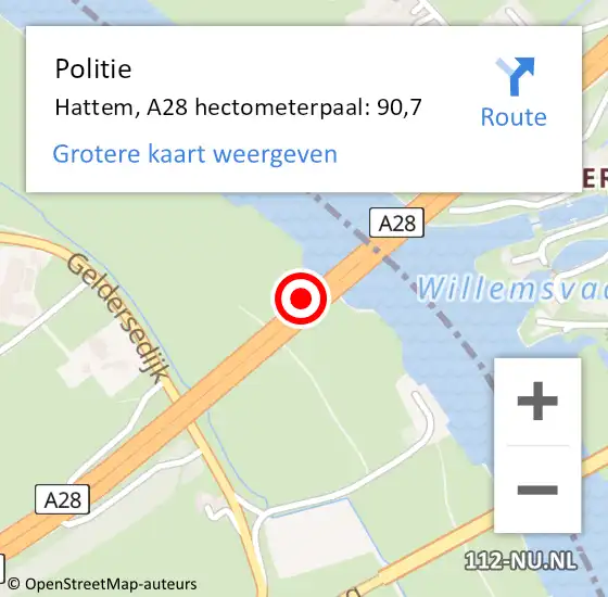 Locatie op kaart van de 112 melding: Politie Hattem, A28 hectometerpaal: 90,7 op 26 maart 2024 07:23