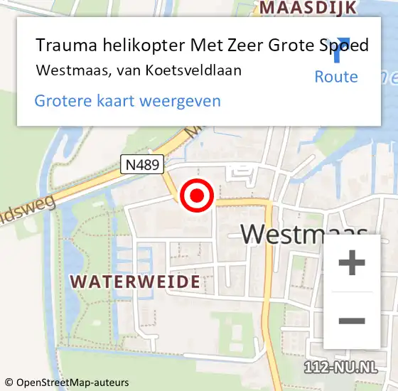 Locatie op kaart van de 112 melding: Trauma helikopter Met Zeer Grote Spoed Naar Westmaas, van Koetsveldlaan op 26 maart 2024 12:33