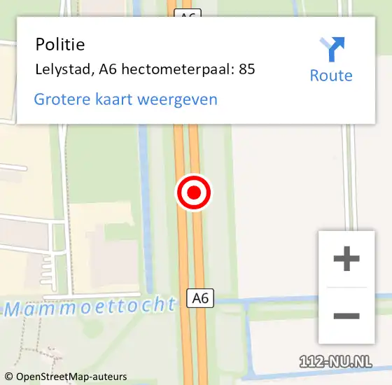 Locatie op kaart van de 112 melding: Politie Lelystad, A6 hectometerpaal: 85 op 26 maart 2024 12:37