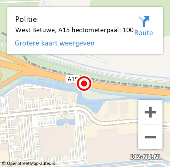 Locatie op kaart van de 112 melding: Politie West Betuwe, A15 hectometerpaal: 100 op 26 maart 2024 12:51
