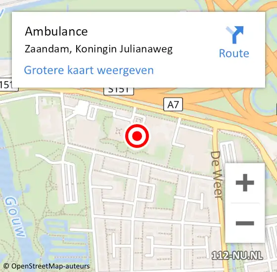 Locatie op kaart van de 112 melding: Ambulance Zaandam, Koningin Julianaweg op 26 maart 2024 13:08