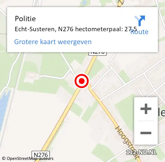 Locatie op kaart van de 112 melding: Politie Echt-Susteren, N276 hectometerpaal: 27,5 op 26 maart 2024 16:45