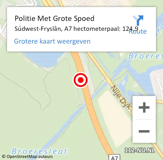 Locatie op kaart van de 112 melding: Politie Met Grote Spoed Naar Súdwest-Fryslân, A7 hectometerpaal: 124,9 op 26 maart 2024 17:44