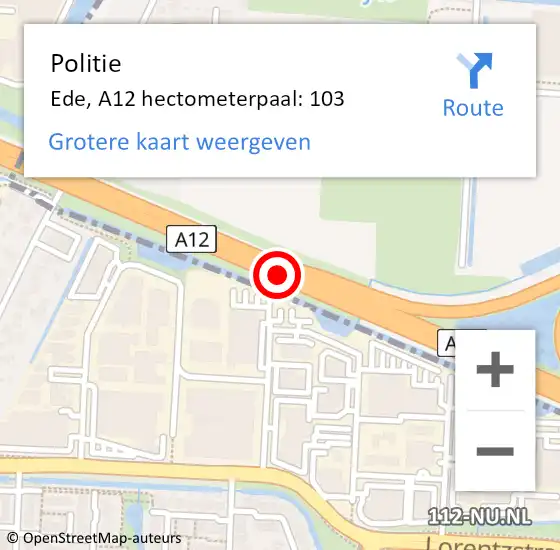 Locatie op kaart van de 112 melding: Politie Ede, A12 hectometerpaal: 103 op 27 maart 2024 01:52