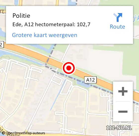 Locatie op kaart van de 112 melding: Politie Ede, A12 hectometerpaal: 102,7 op 27 maart 2024 01:53