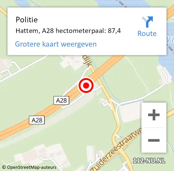 Locatie op kaart van de 112 melding: Politie Hattem, A28 hectometerpaal: 87,4 op 27 maart 2024 07:44