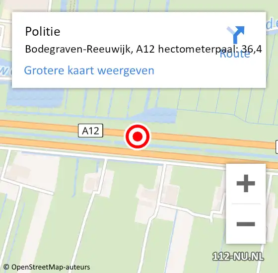 Locatie op kaart van de 112 melding: Politie Bodegraven-Reeuwijk, A12 hectometerpaal: 36,4 op 27 maart 2024 07:48
