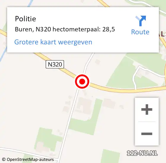 Locatie op kaart van de 112 melding: Politie Buren, N320 hectometerpaal: 28,5 op 27 maart 2024 10:07
