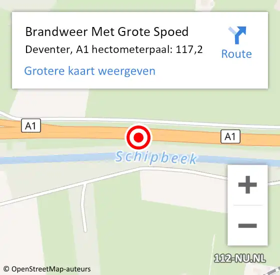 Locatie op kaart van de 112 melding: Brandweer Met Grote Spoed Naar Deventer, A1 hectometerpaal: 117,2 op 27 maart 2024 15:37