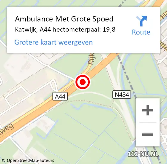 Locatie op kaart van de 112 melding: Ambulance Met Grote Spoed Naar Katwijk, A44 hectometerpaal: 19,8 op 27 maart 2024 16:24