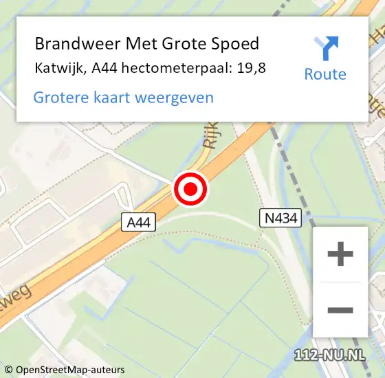 Locatie op kaart van de 112 melding: Brandweer Met Grote Spoed Naar Katwijk, A44 hectometerpaal: 19,8 op 27 maart 2024 16:49